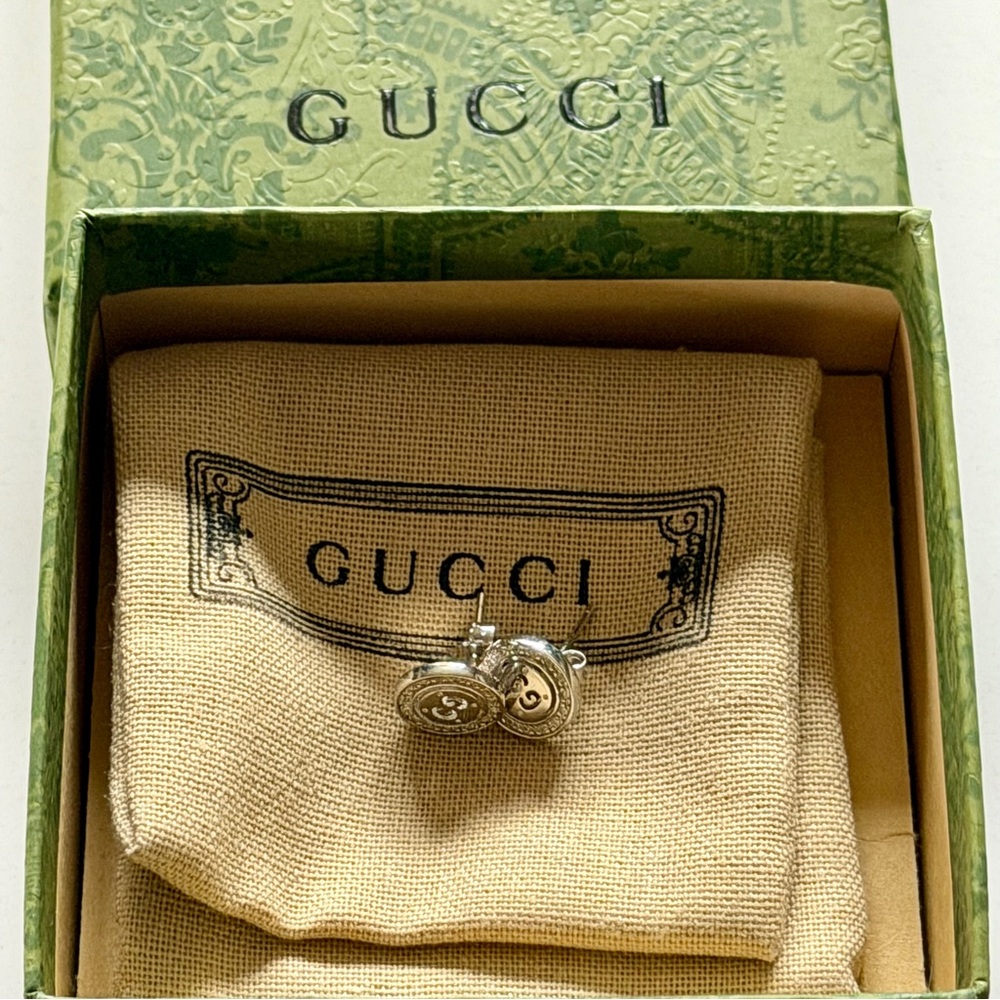 Gucci Interlocking G Crystal Earrings Sterling Silver Studs Authentic Gucci New - Picture 6 of 10